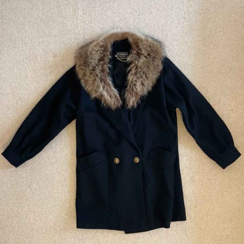 Vintage 90s black wool double-breasted coat with real fur collar M